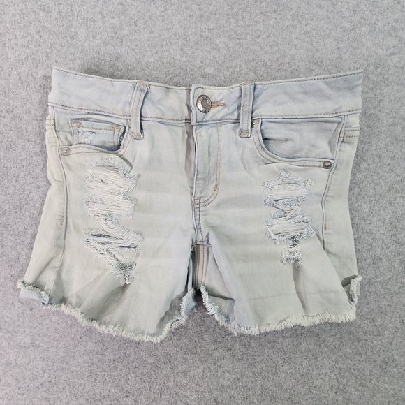 American Eagle Next Level Stretch Shorts Woman 4 Blue Light WashDenim Distressed - Picture 1 of 16